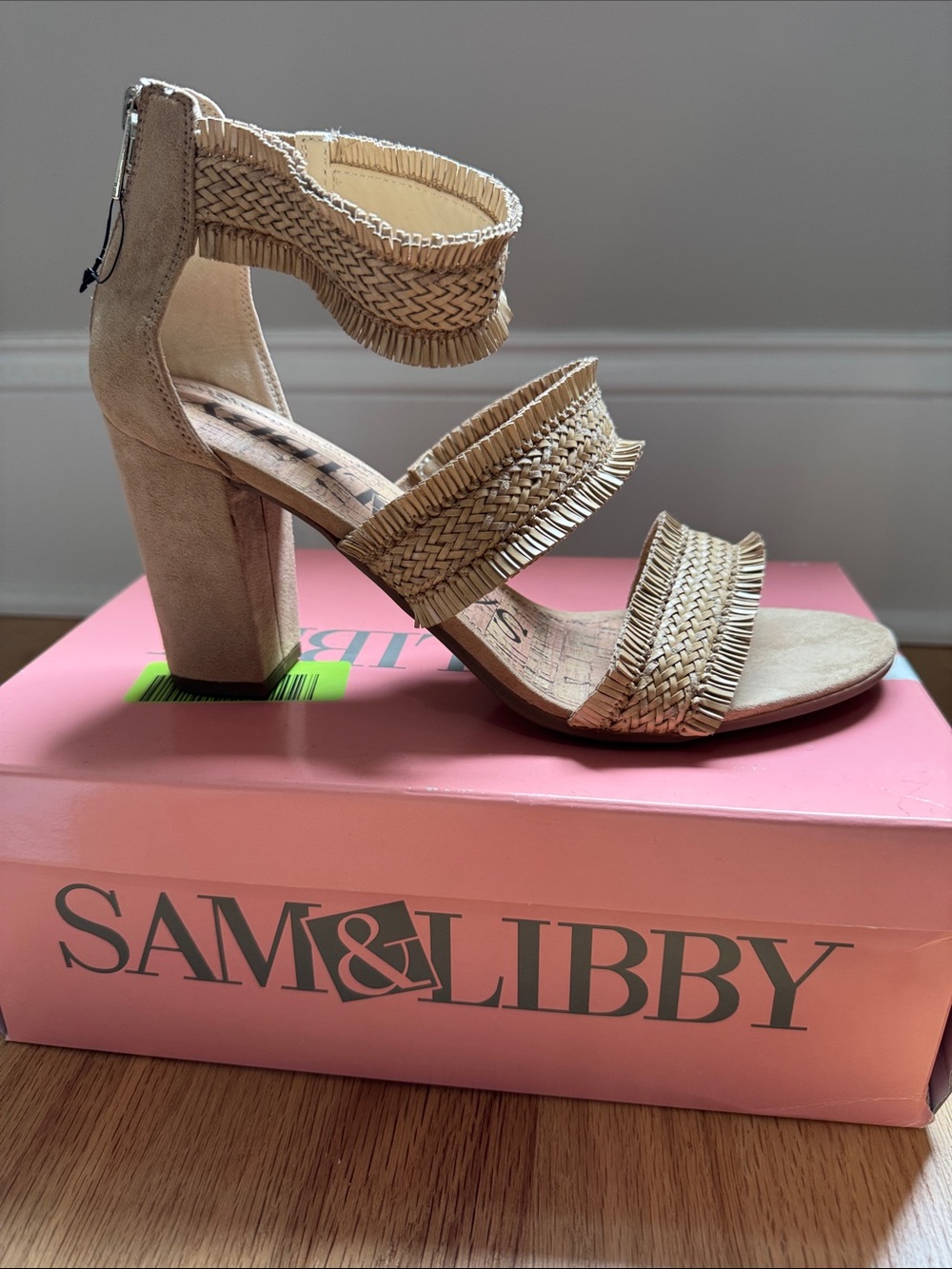 Sam & Libby Tan Woven Fringe Block Heel Sandals